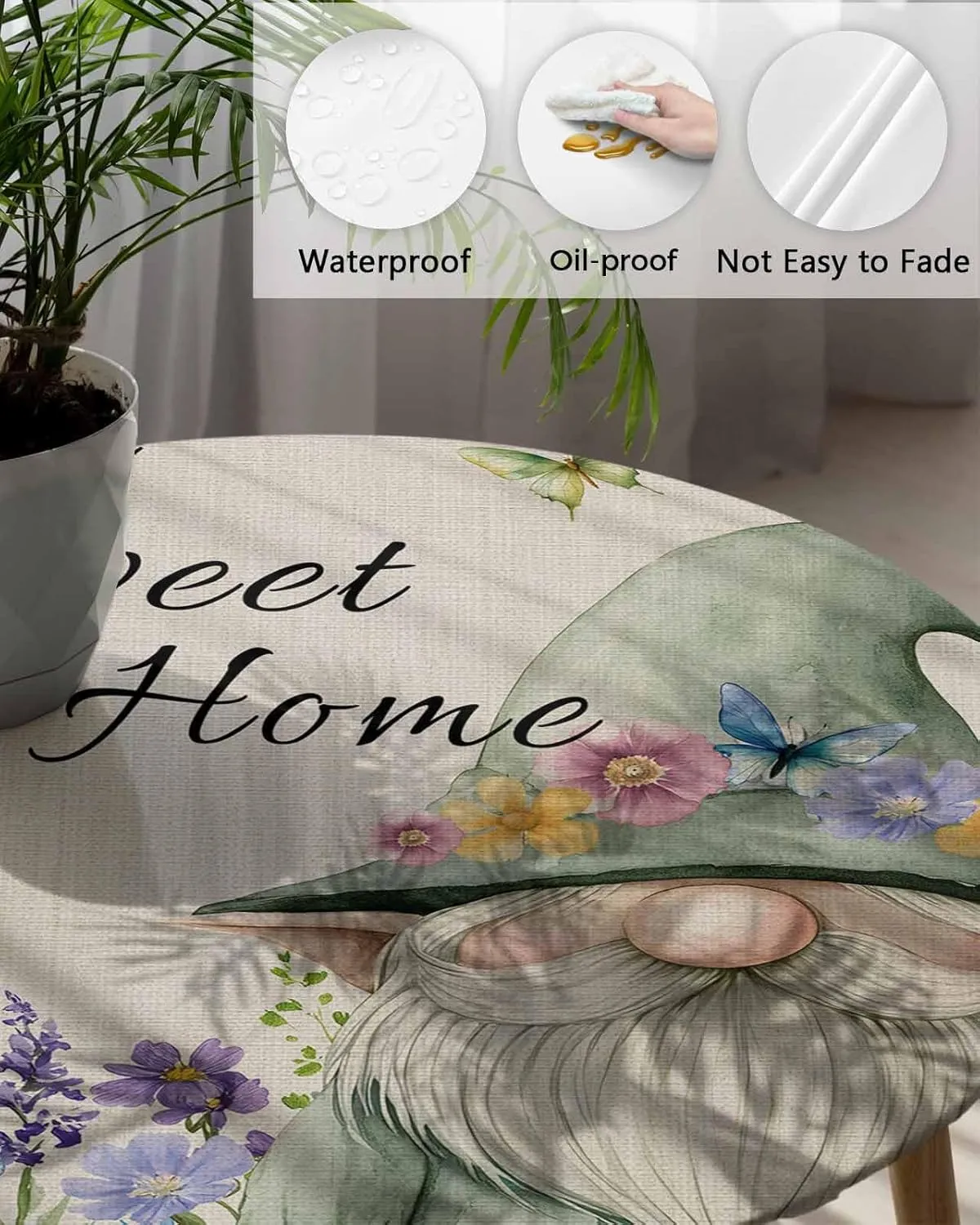 Round Fitted Tablecloth - Summer Funny Dwarf Waterproof Table Cover for Indoor Outdoor Holiday Party, Rustic Flowers Butterfly Gnome Elastic Edged Tablecloths Fit Up 45"-54" Tables