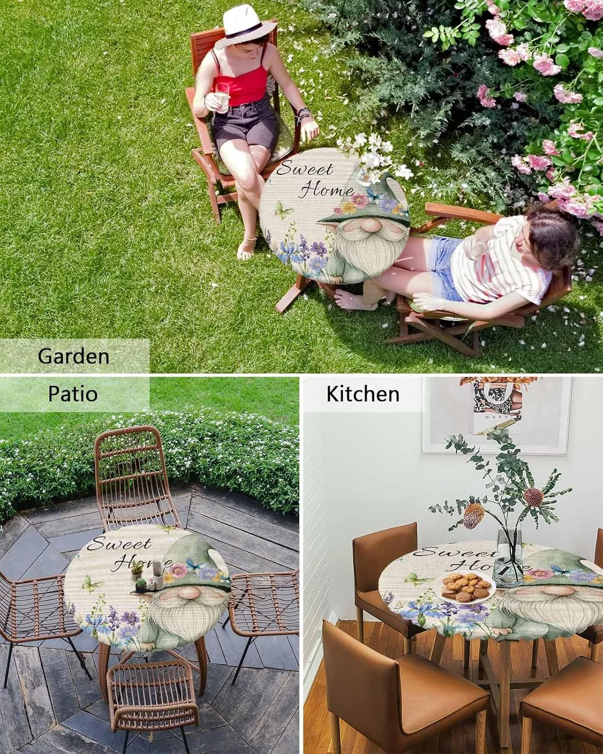 Round Fitted Tablecloth - Summer Funny Dwarf Waterproof Table Cover for Indoor Outdoor Holiday Party, Rustic Flowers Butterfly Gnome Elastic Edged Tablecloths Fit Up 45"-54" Tables