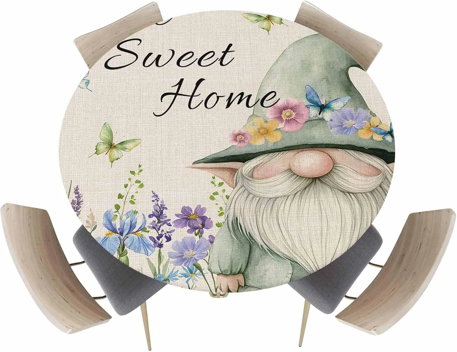 Round Fitted Tablecloth - Summer Funny Dwarf Waterproof Table Cover for Indoor Outdoor Holiday Party, Rustic Flowers Butterfly Gnome Elastic Edged Tablecloths Fit Up 45"-54" Tables
