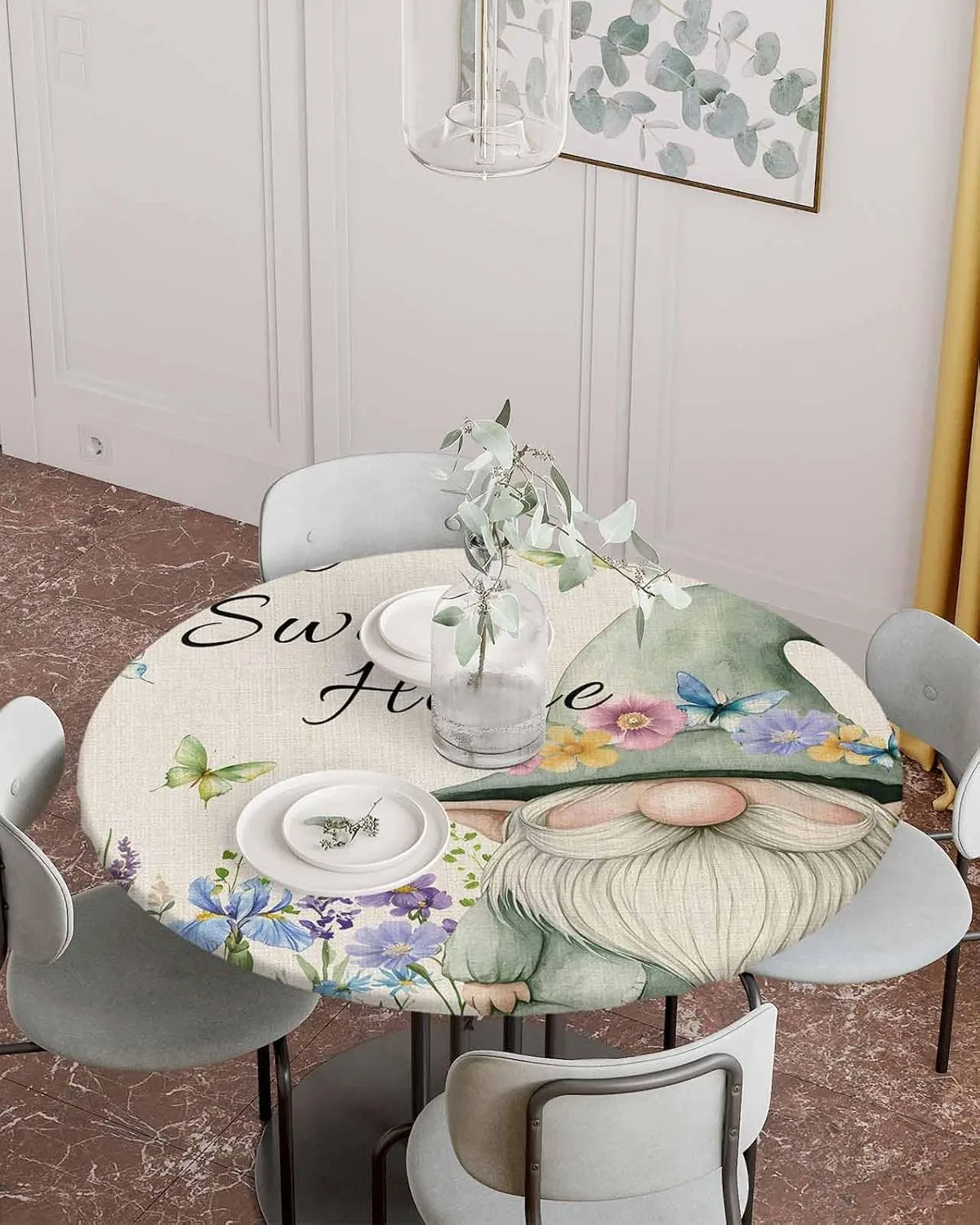 Round Fitted Tablecloth - Summer Funny Dwarf Waterproof Table Cover for Indoor Outdoor Holiday Party, Rustic Flowers Butterfly Gnome Elastic Edged Tablecloths Fit Up 45"-54" Tables