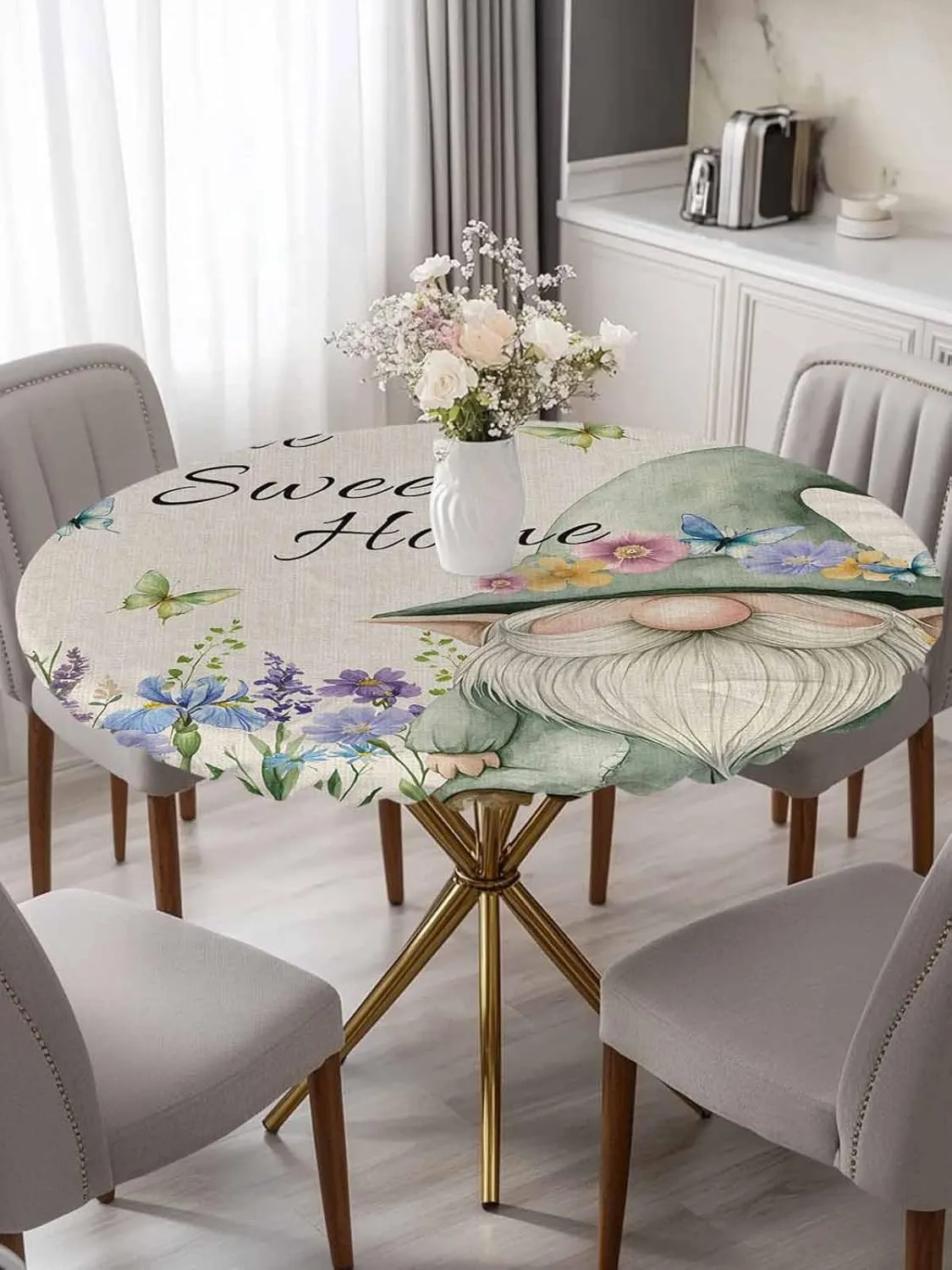 Round Fitted Tablecloth - Summer Funny Dwarf Waterproof Table Cover for Indoor Outdoor Holiday Party, Rustic Flowers Butterfly Gnome Elastic Edged Tablecloths Fit Up 45"-54" Tables
