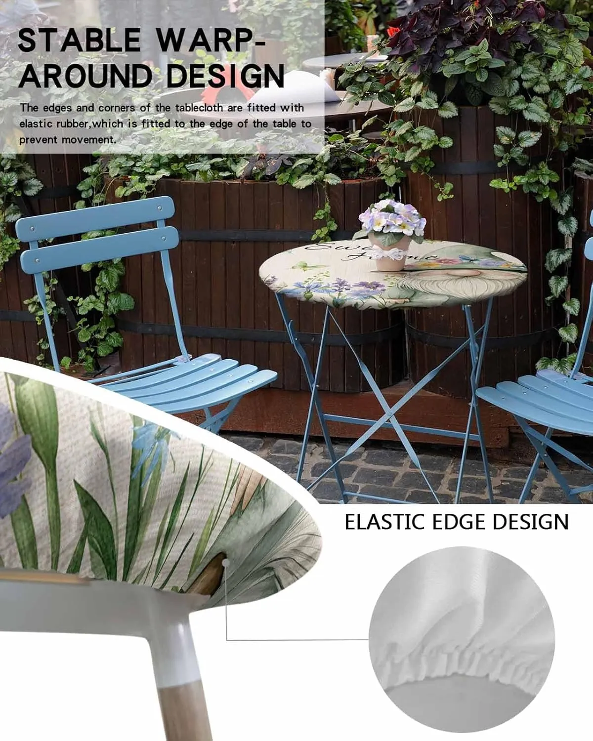 Round Fitted Tablecloth - Summer Funny Dwarf Waterproof Table Cover for Indoor Outdoor Holiday Party, Rustic Flowers Butterfly Gnome Elastic Edged Tablecloths Fit Up 45"-54" Tables