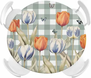 Round Fitted Tablecloth Tulips on Green White Plaid Waterproof Table Cover for Indoor Outdoor Holiday Party Pastoral Butterfly Flower Elastic Edged Tablecloths Fit Up 45"-54" Tables