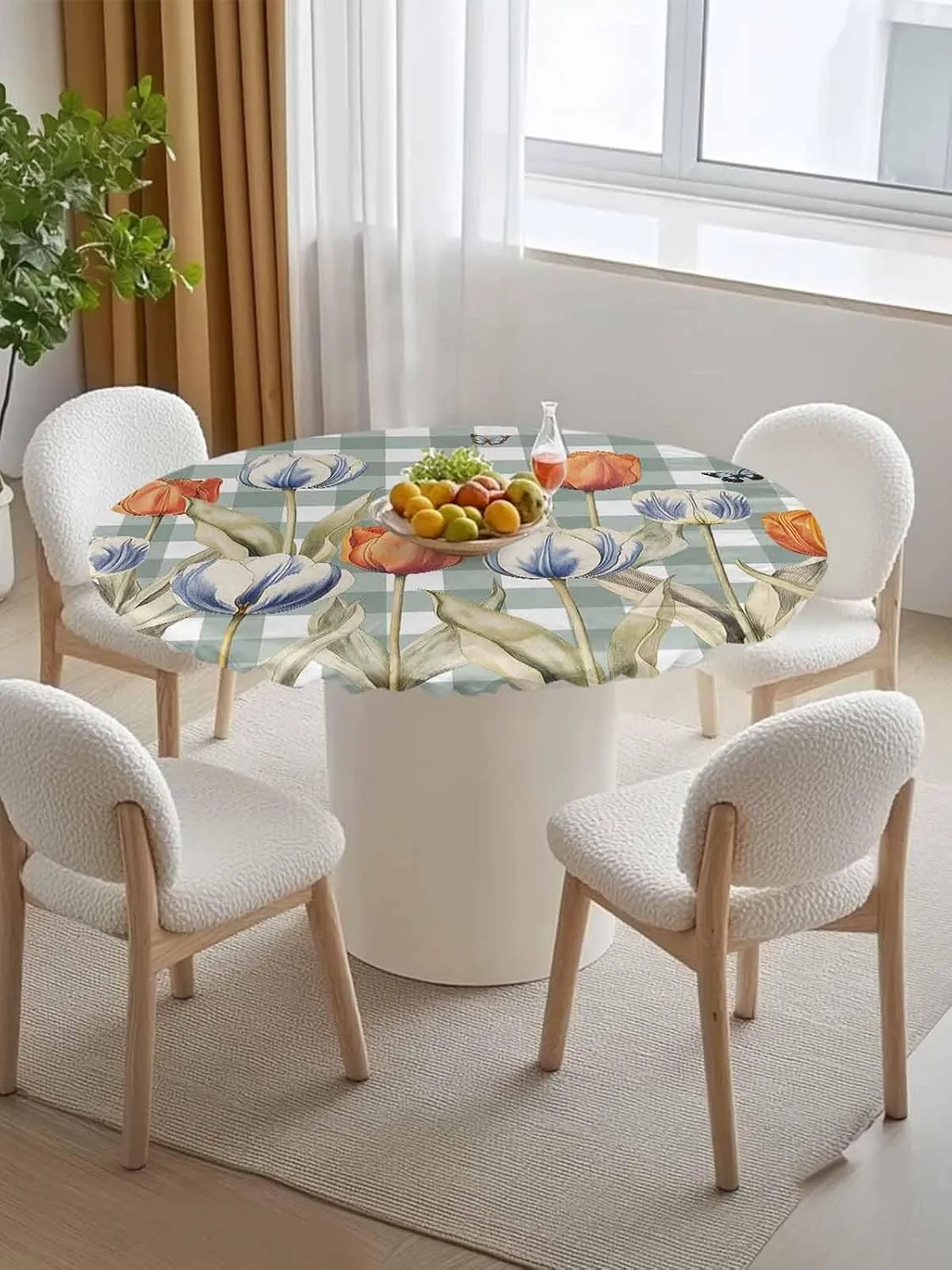 Round Fitted Tablecloth Tulips on Green White Plaid Waterproof Table Cover for Indoor Outdoor Holiday Party Pastoral Butterfly Flower Elastic Edged Tablecloths Fit Up 45"-54" Tables