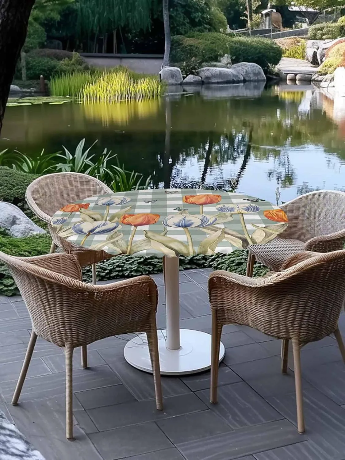 Round Fitted Tablecloth Tulips on Green White Plaid Waterproof Table Cover for Indoor Outdoor Holiday Party Pastoral Butterfly Flower Elastic Edged Tablecloths Fit Up 45"-54" Tables