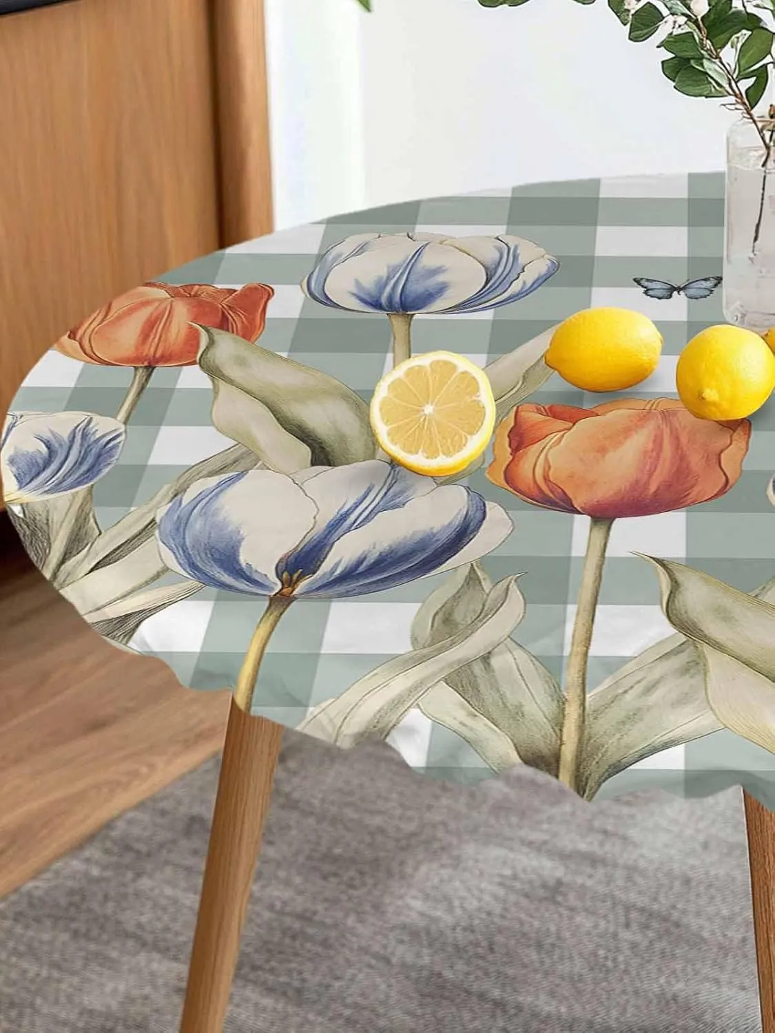 Round Fitted Tablecloth Tulips on Green White Plaid Waterproof Table Cover for Indoor Outdoor Holiday Party Pastoral Butterfly Flower Elastic Edged Tablecloths Fit Up 45"-54" Tables