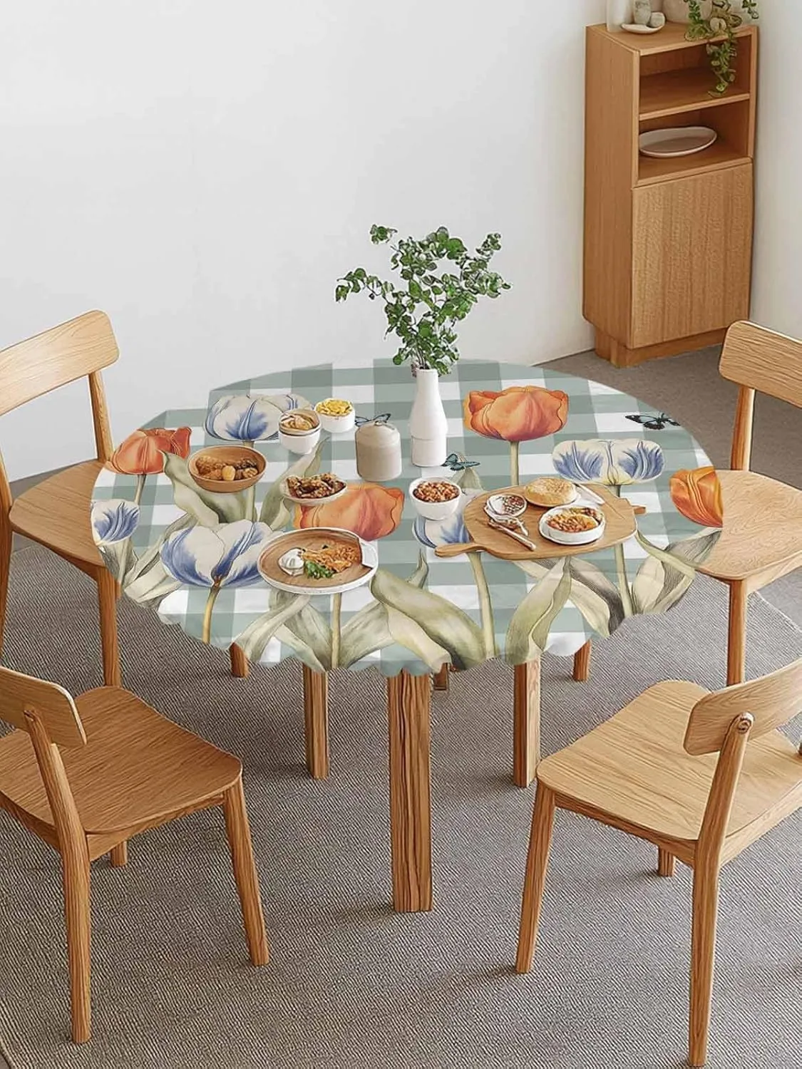 Round Fitted Tablecloth Tulips on Green White Plaid Waterproof Table Cover for Indoor Outdoor Holiday Party Pastoral Butterfly Flower Elastic Edged Tablecloths Fit Up 45"-54" Tables
