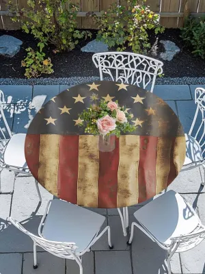 Round Fitted Tablecloth - Vintage Shabby American Flag Waterproof Table Cover for Indoor Outdoor Holiday Party, 4 of July Independence Day Elastic Edged Tablecloths Fit Up 55"-60" Tables