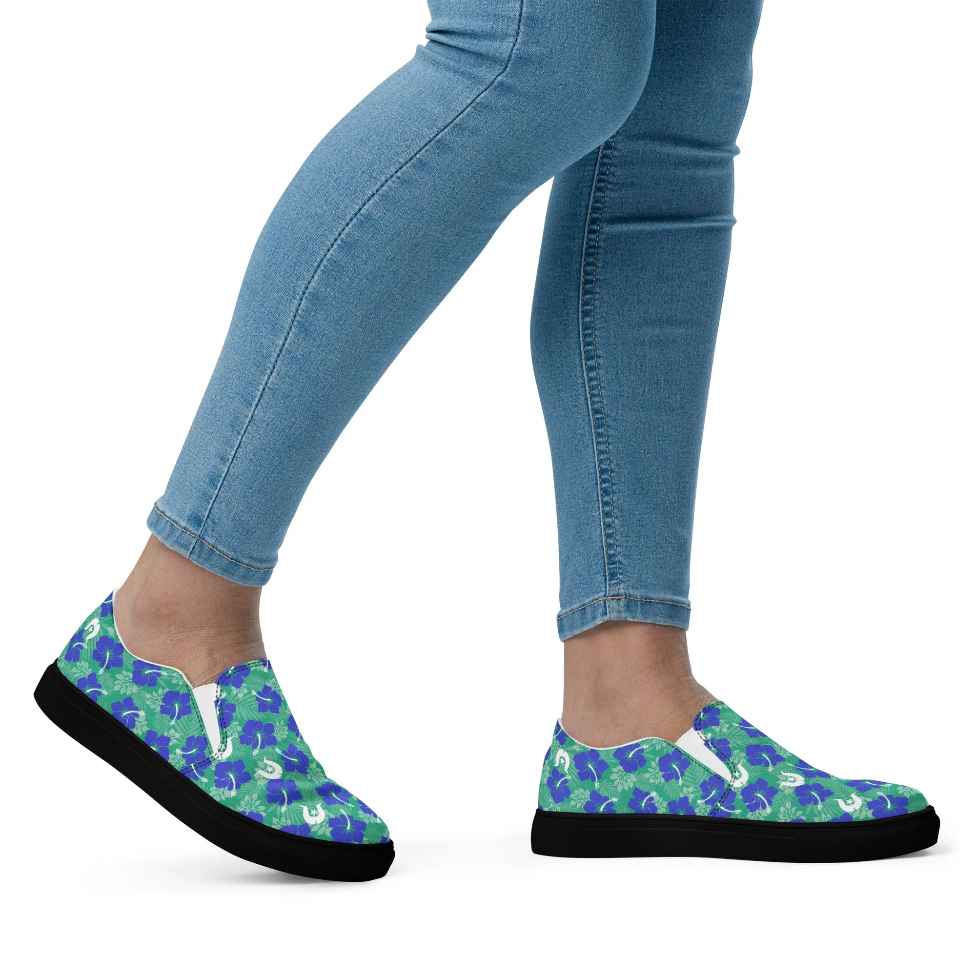 Royal Blue Hibiscus flowers with Dhari on Women’s slip-on canvas shoes