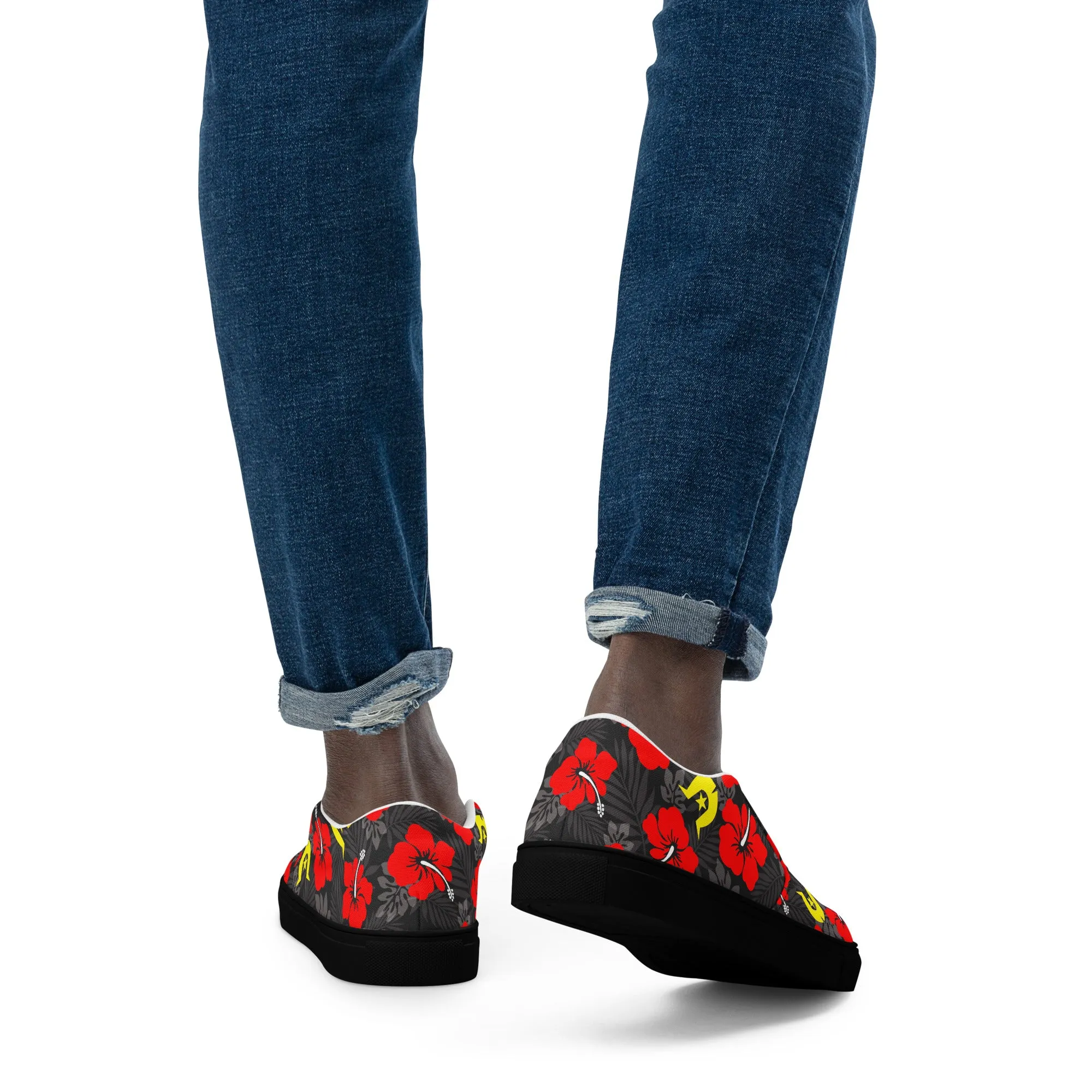 Royal Red Hibiscus with Yellow Dhari on Men’s slip-on canvas shoes