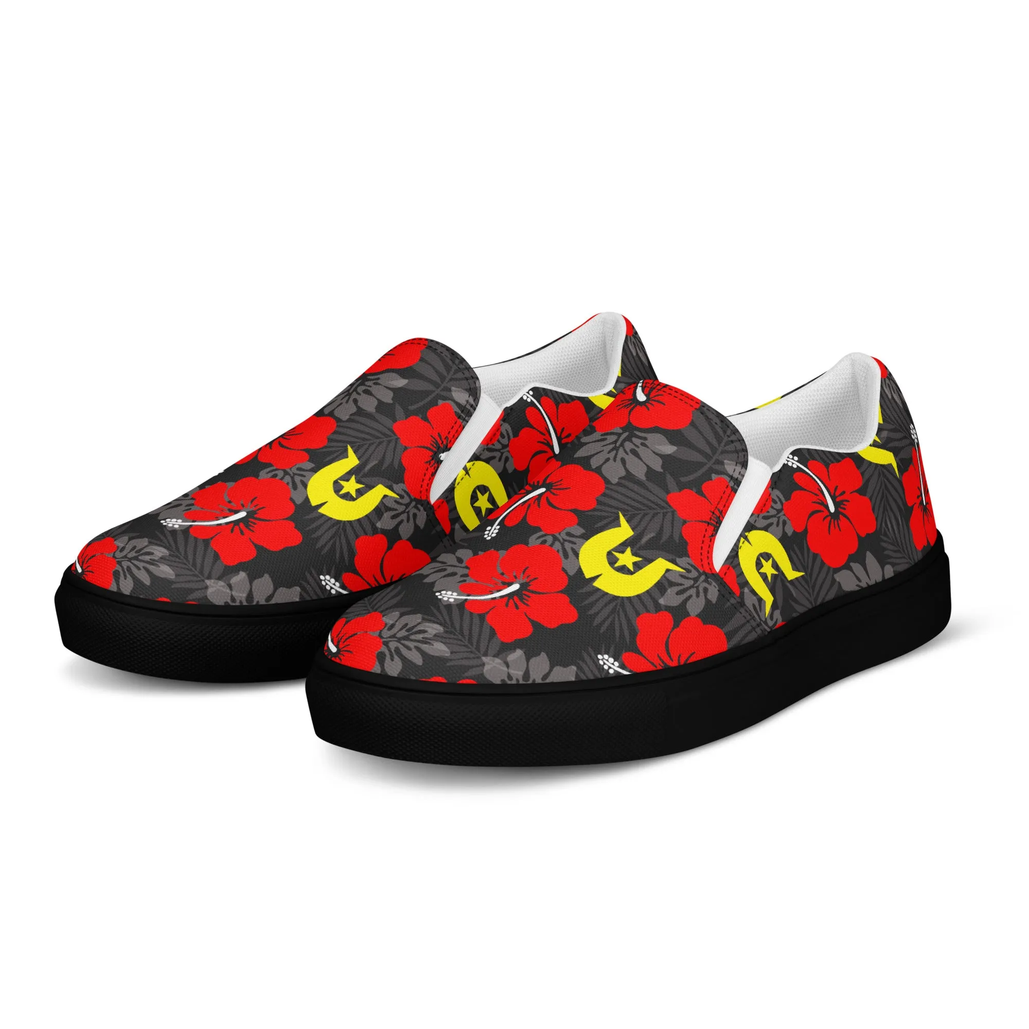 Royal Red Hibiscus with Yellow Dhari on Men’s slip-on canvas shoes