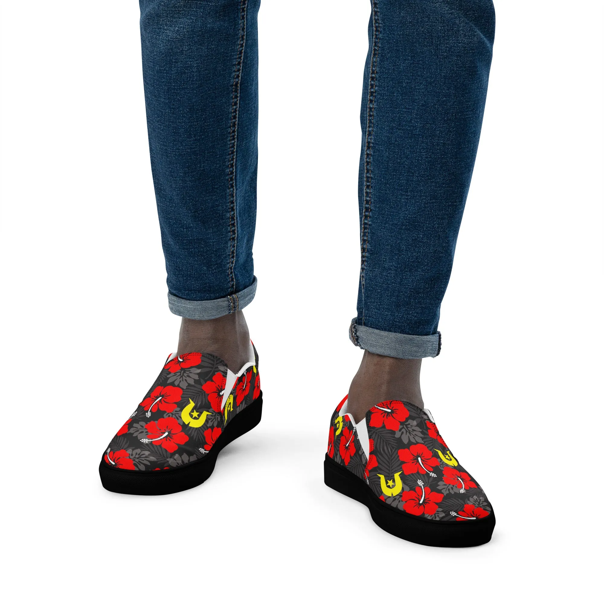 Royal Red Hibiscus with Yellow Dhari on Men’s slip-on canvas shoes