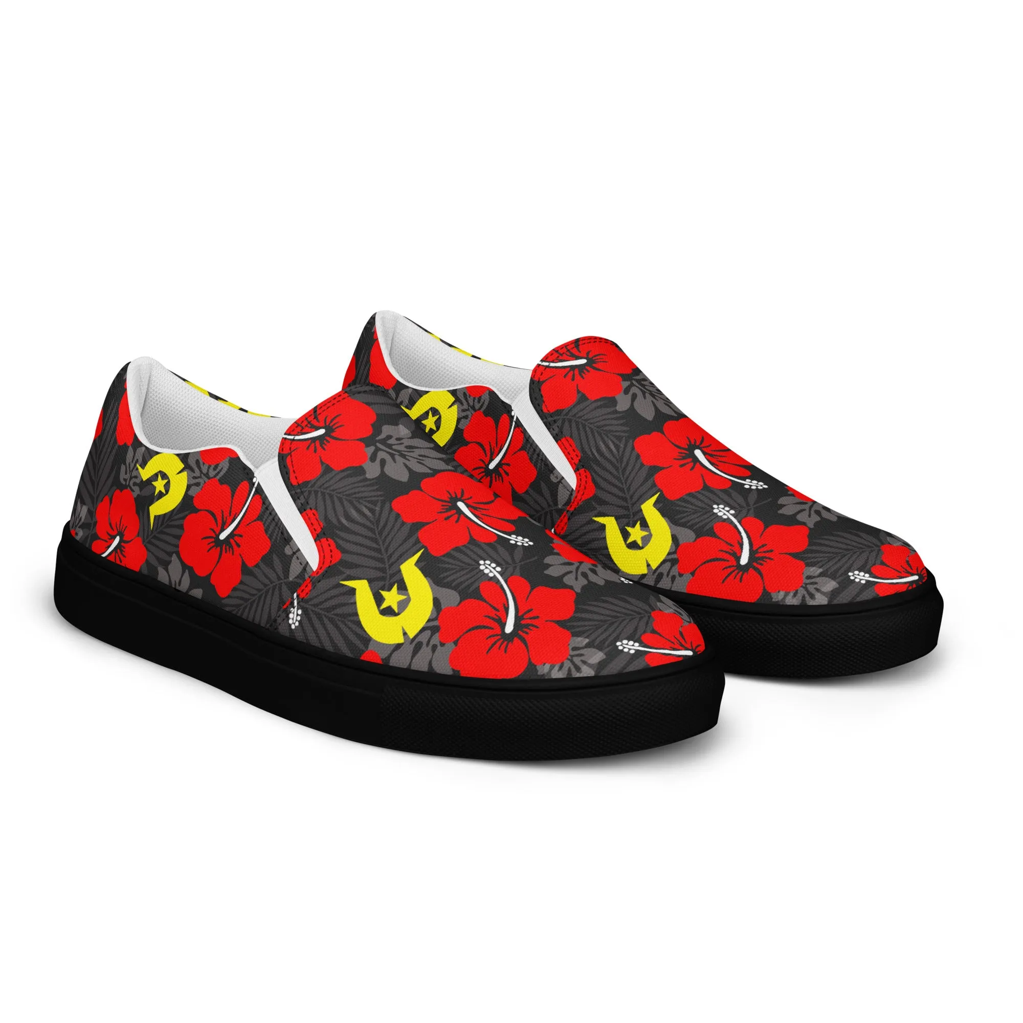 Royal Red Hibiscus with Yellow Dhari on Men’s slip-on canvas shoes