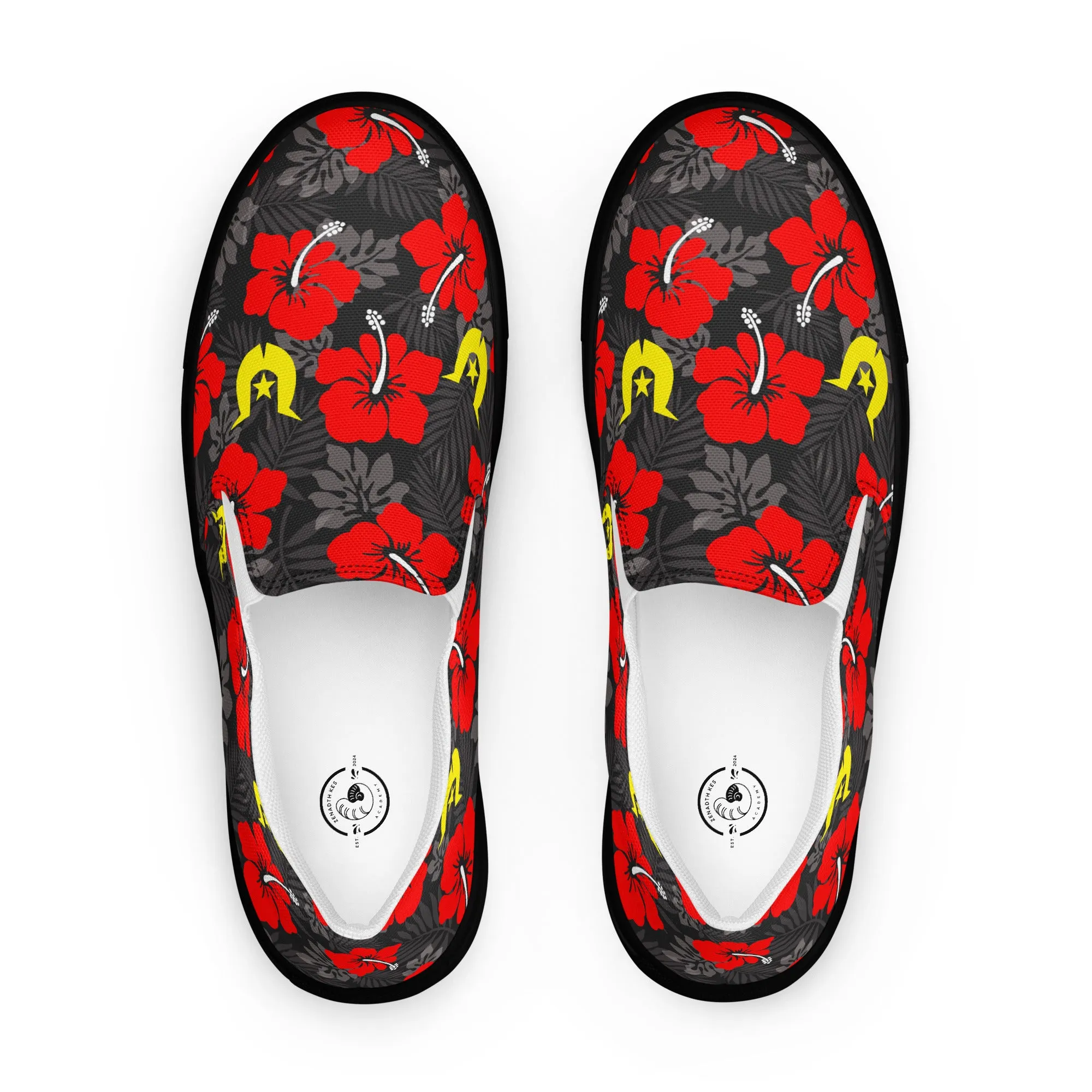 Royal Red Hibiscus with Yellow Dhari on Men’s slip-on canvas shoes