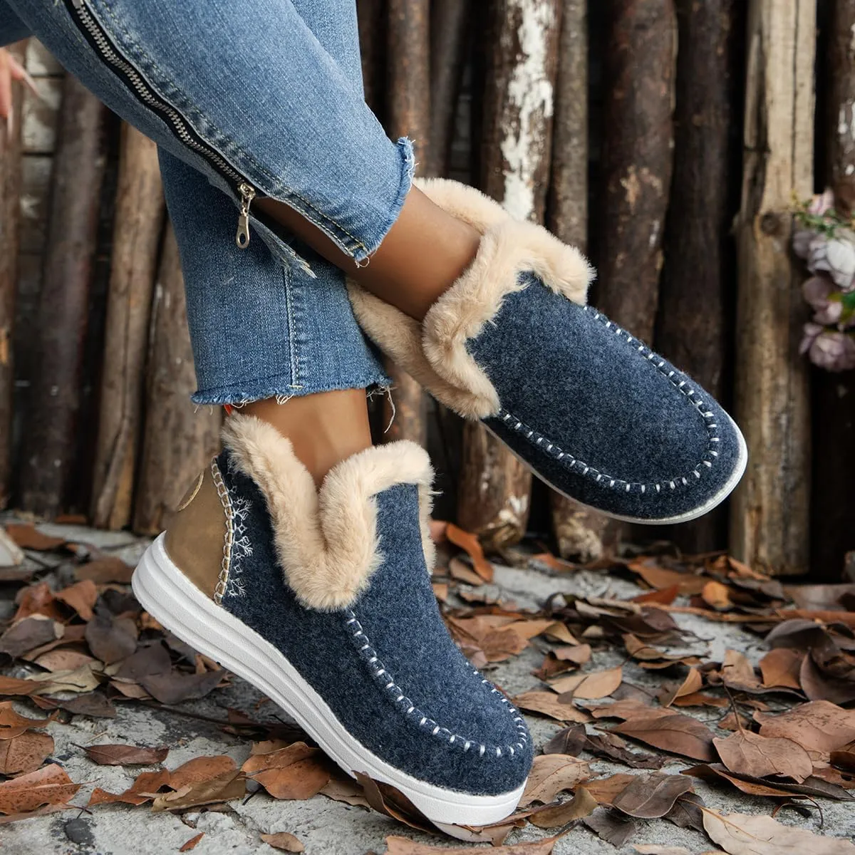 SACFOF Womens Winter Flat Fluffy Snow Boots,Warm Faux Fur Lining Anti-Slip Slip on Loafer Casual Outdoor Plush Short Booties