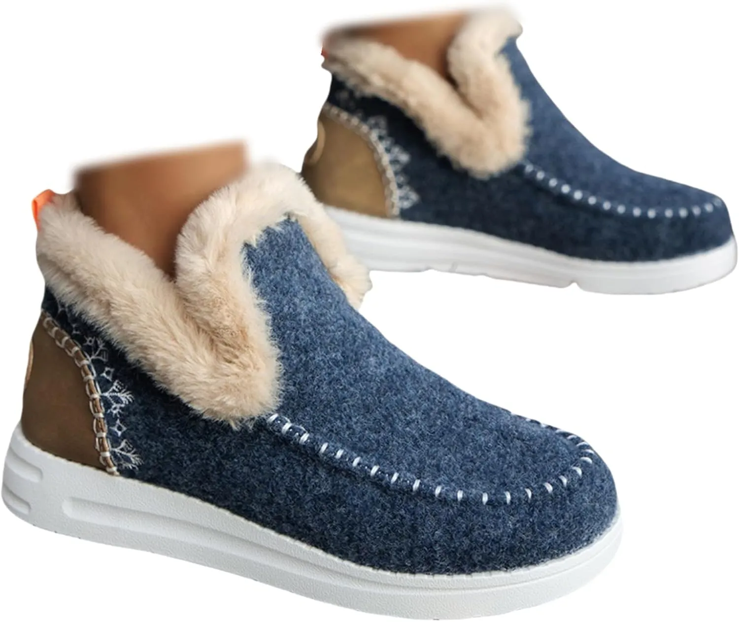 SACFOF Womens Winter Flat Fluffy Snow Boots,Warm Faux Fur Lining Anti-Slip Slip on Loafer Casual Outdoor Plush Short Booties