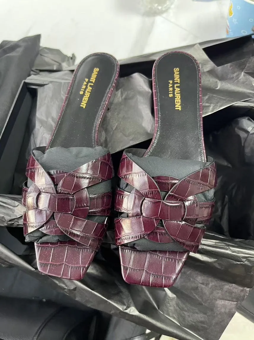 Saint Laurent Tribute Slide Embossed Bordeaux Sandals