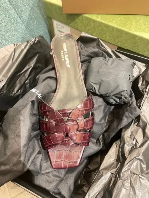 Saint Laurent Tribute Slide Embossed Bordeaux Sandals