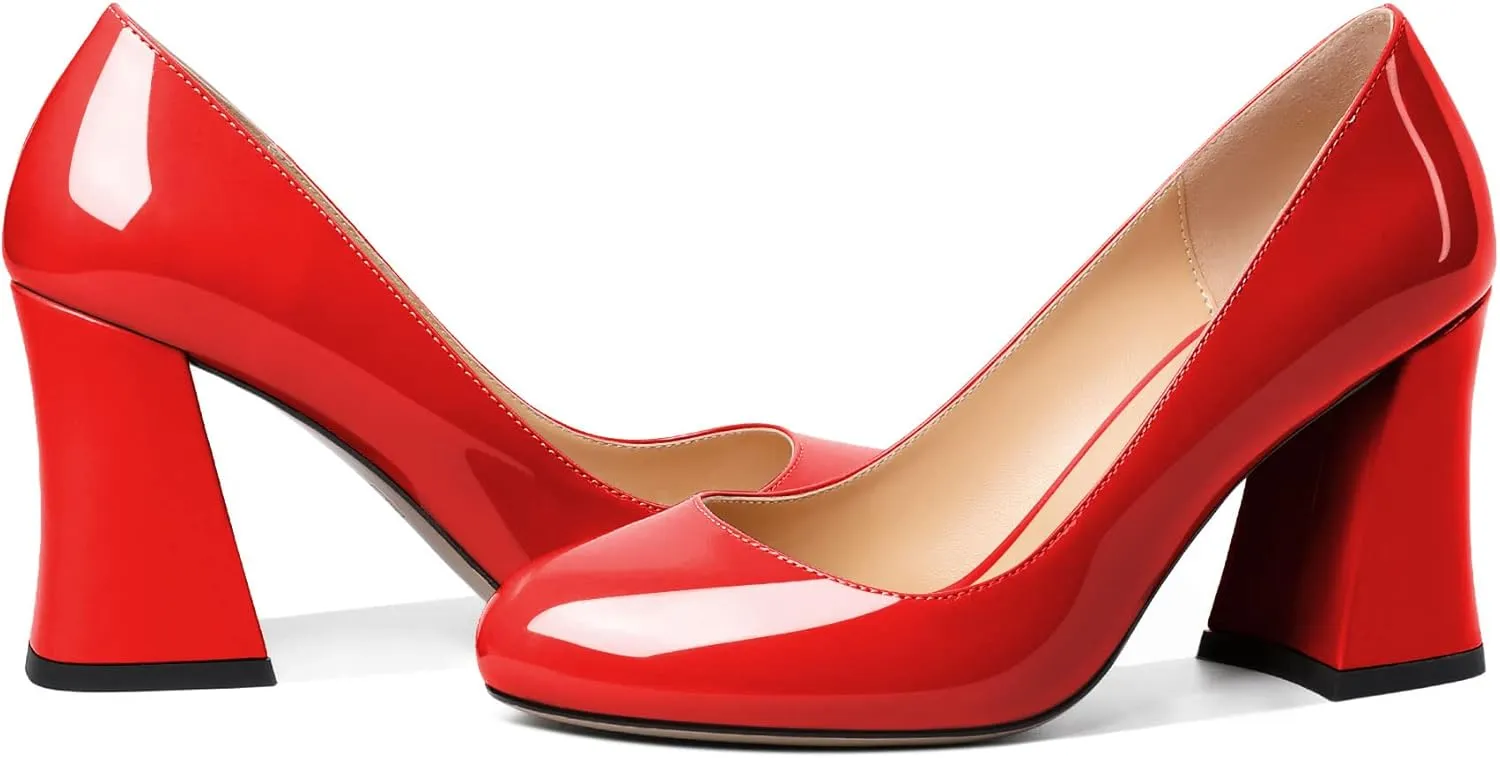 SAMMITOP Women's Chunky Block High Heeled Round Closed Toe Pumps Slip on Heels Comfortable Casual Wedding Dress Shoes