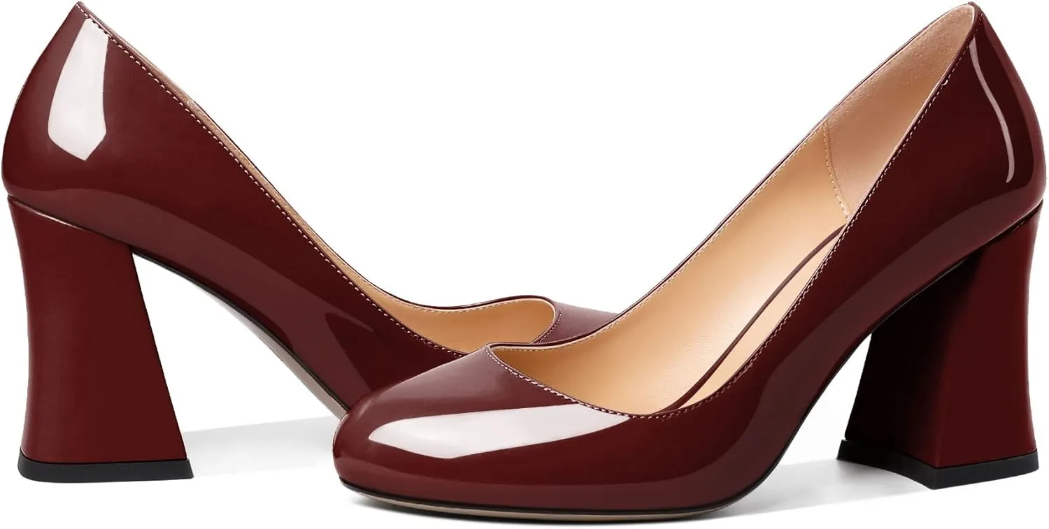 SAMMITOP Women's Chunky Block High Heeled Round Closed Toe Pumps Slip on Heels Comfortable Casual Wedding Dress Shoes