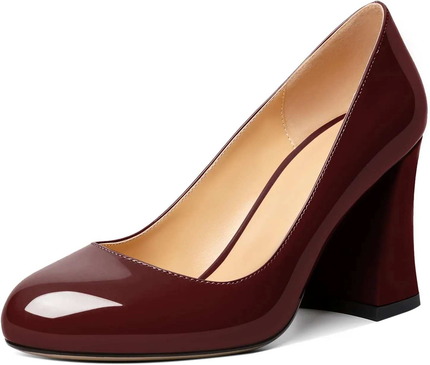 SAMMITOP Women's Chunky Block High Heeled Round Closed Toe Pumps Slip on Heels Comfortable Casual Wedding Dress Shoes