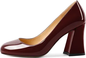 SAMMITOP Women's Chunky Block High Heeled Round Closed Toe Pumps Slip on Heels Comfortable Casual Wedding Dress Shoes