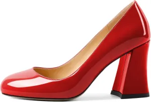 SAMMITOP Women's Chunky Block High Heeled Round Closed Toe Pumps Slip on Heels Comfortable Casual Wedding Dress Shoes