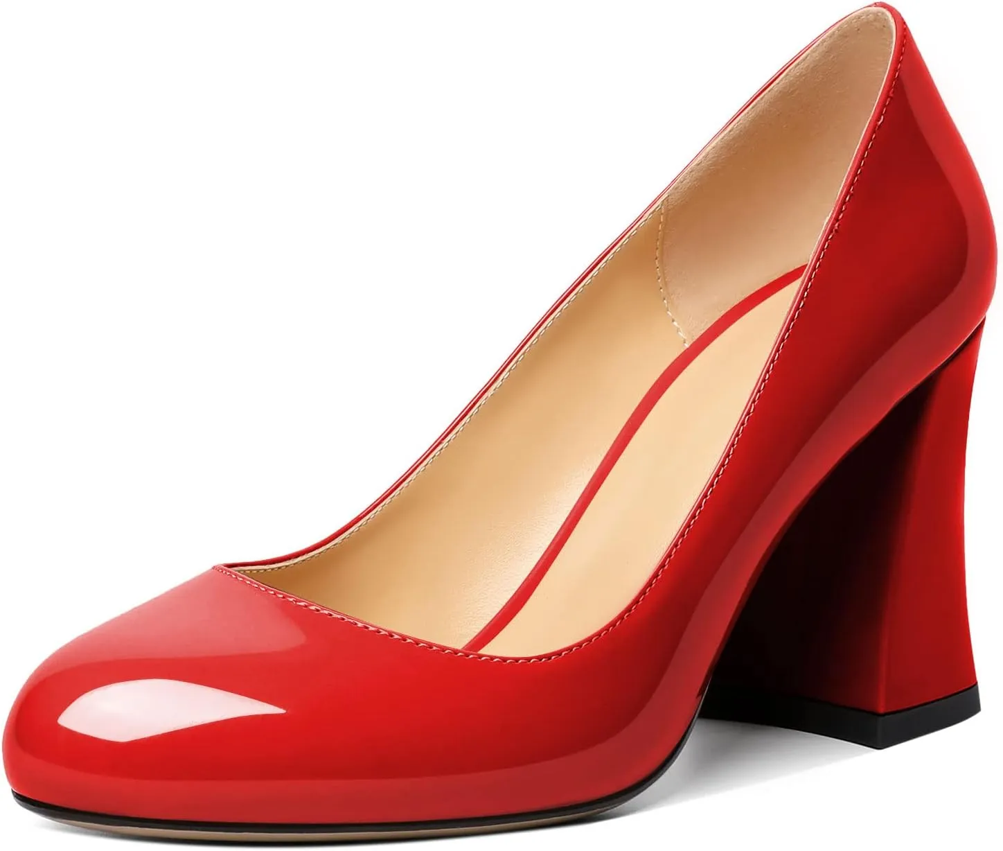 SAMMITOP Women's Chunky Block High Heeled Round Closed Toe Pumps Slip on Heels Comfortable Casual Wedding Dress Shoes