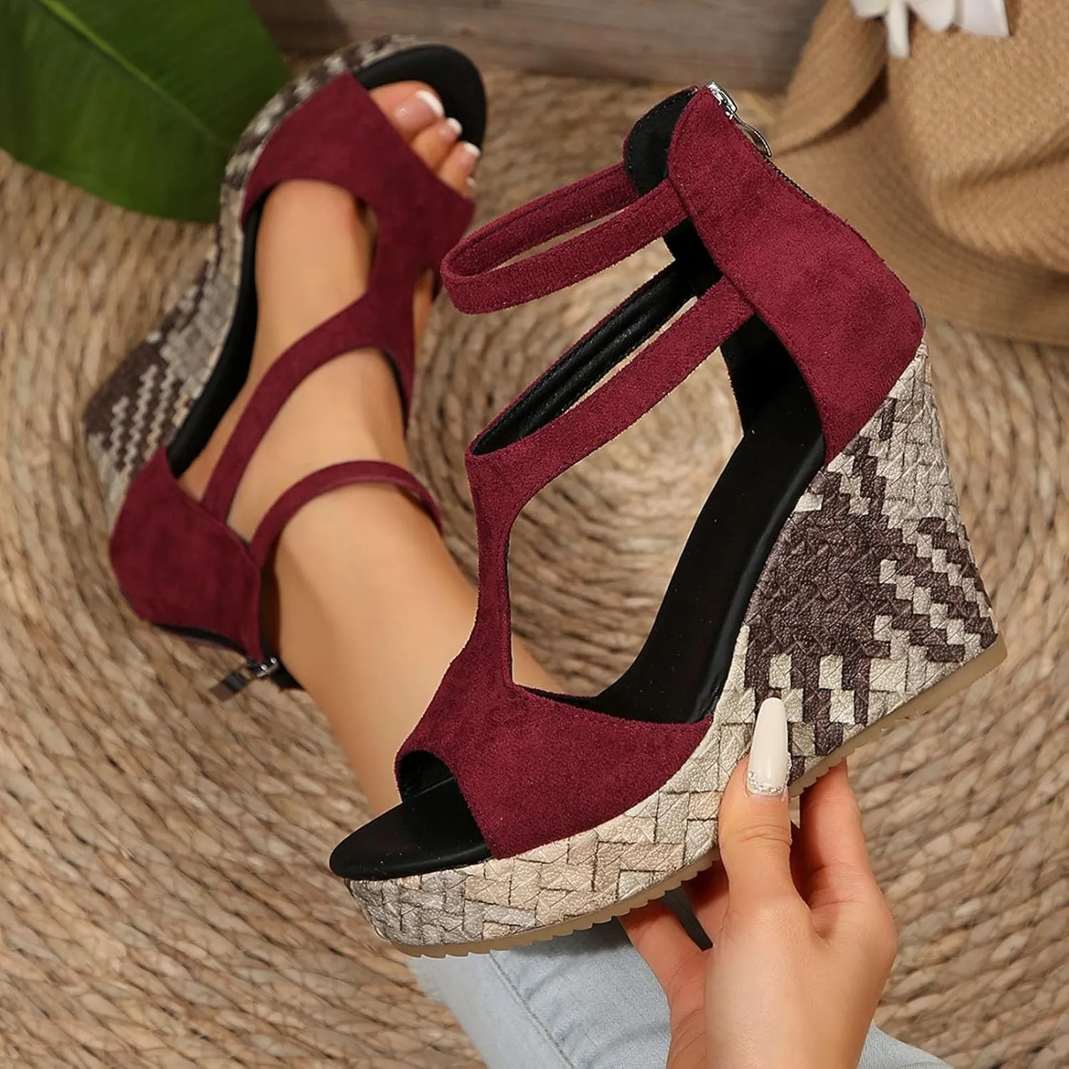 Sandals for Women 2025 Dressy Suede Wedge Sandal Women's Zipper Back High Heeled Dress Platform Wedges Heels Pumps