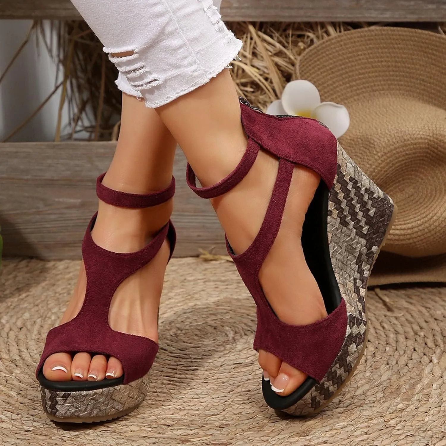 Sandals for Women 2025 Dressy Suede Wedge Sandal Women's Zipper Back High Heeled Dress Platform Wedges Heels Pumps