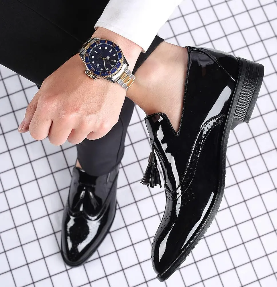 Santimon Men's Wingtip Tassel Slip On Loafers Brogue Patent Leather Lined Dress Casual Breathable Formal Shoes