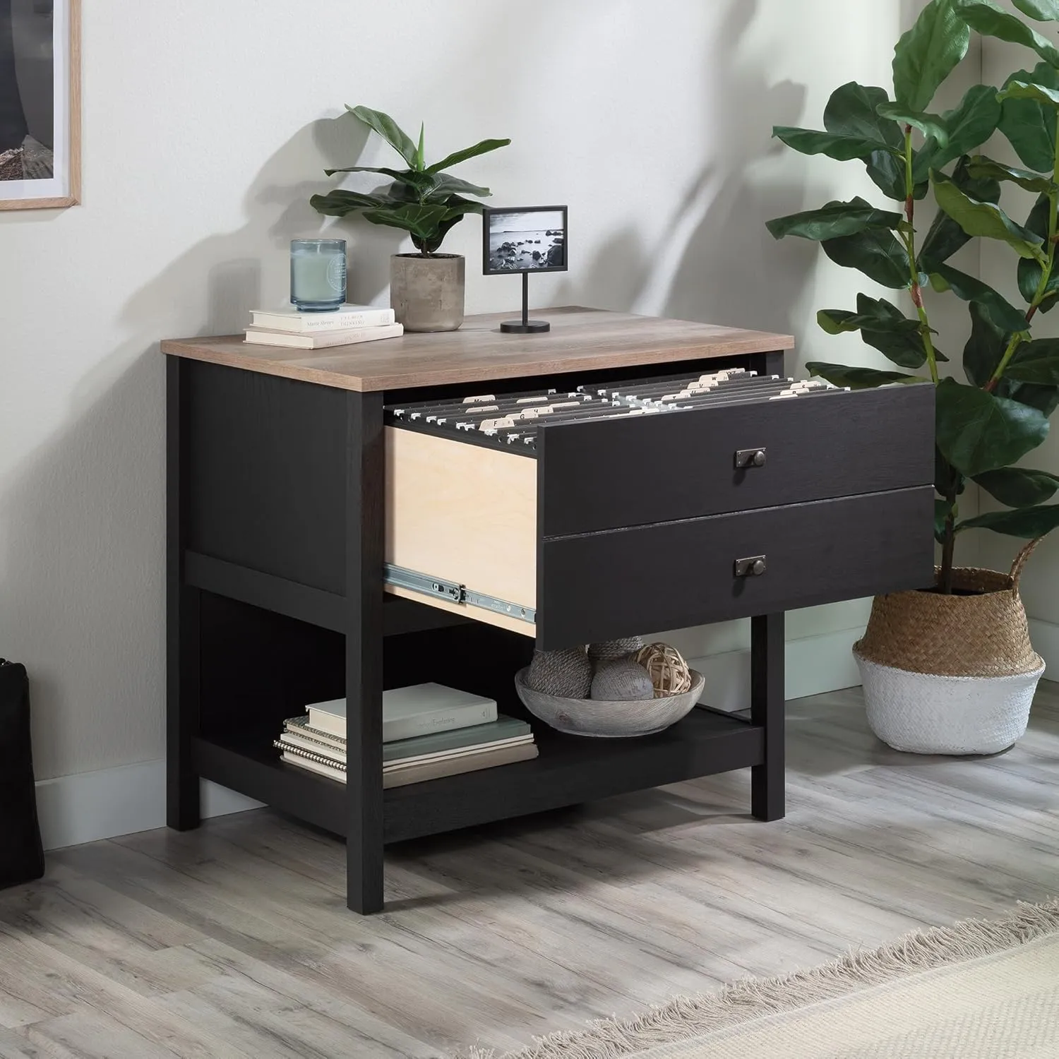Sauder Cottage Road Lateral File Cabinet for Home Office, Open Shelf Storage, in Raven Oak