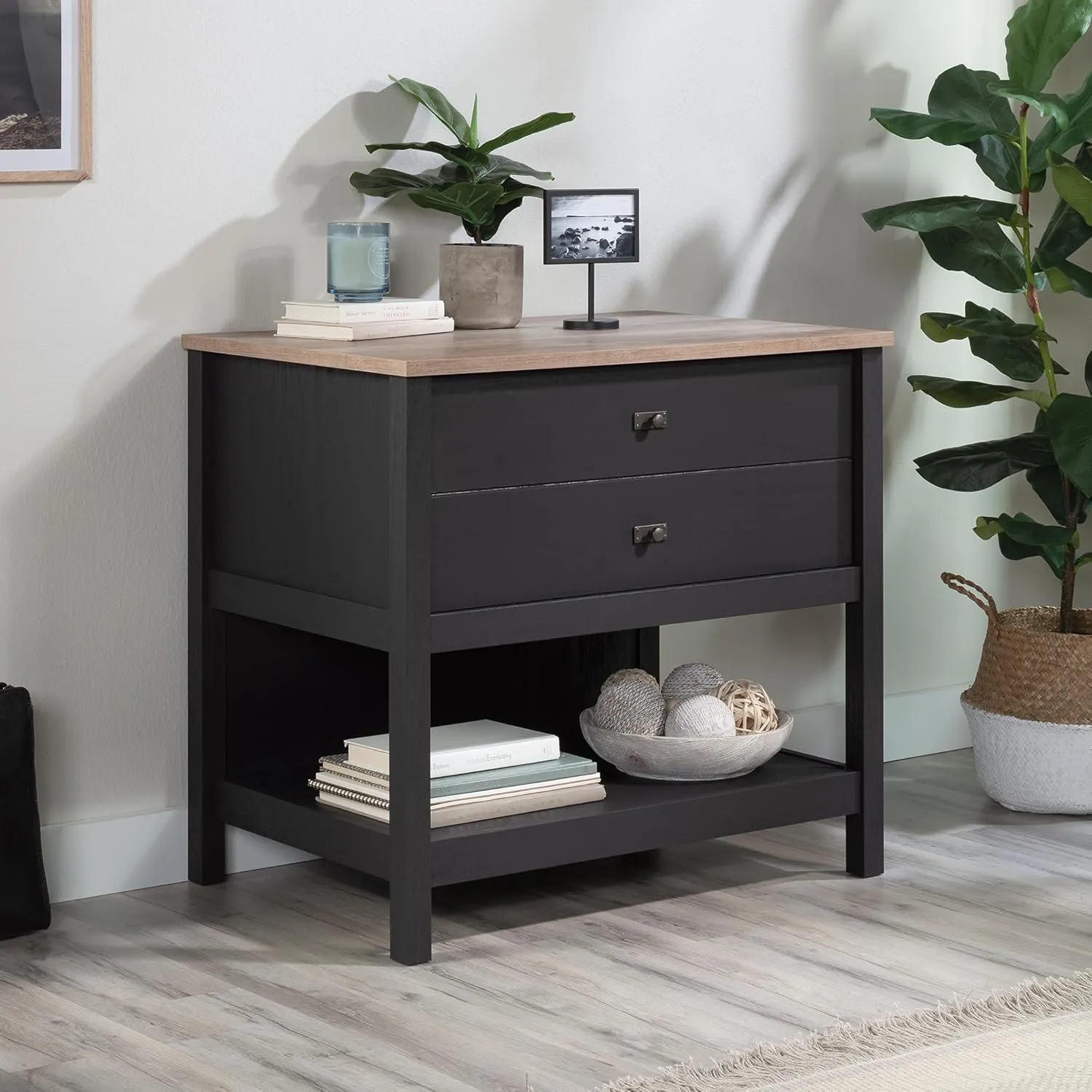 Sauder Cottage Road Lateral File Cabinet for Home Office, Open Shelf Storage, in Raven Oak