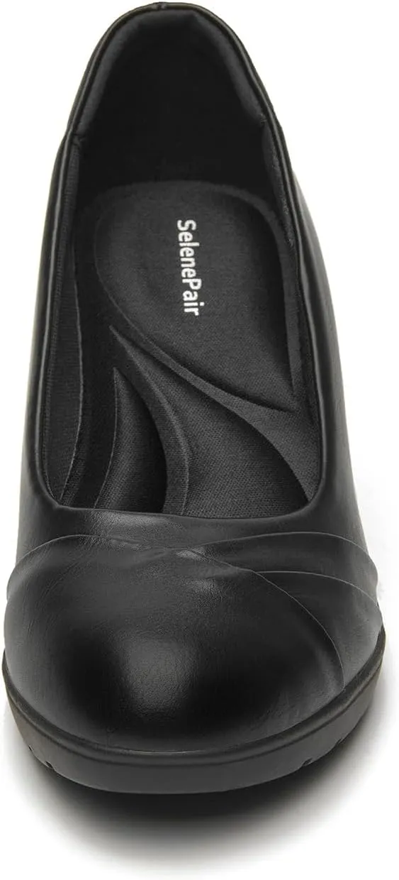 SelenePair Women's Chunky Low Block Heels Work Pumps Ladies Closed Round Toe Slip On Dress Wedding Shoe