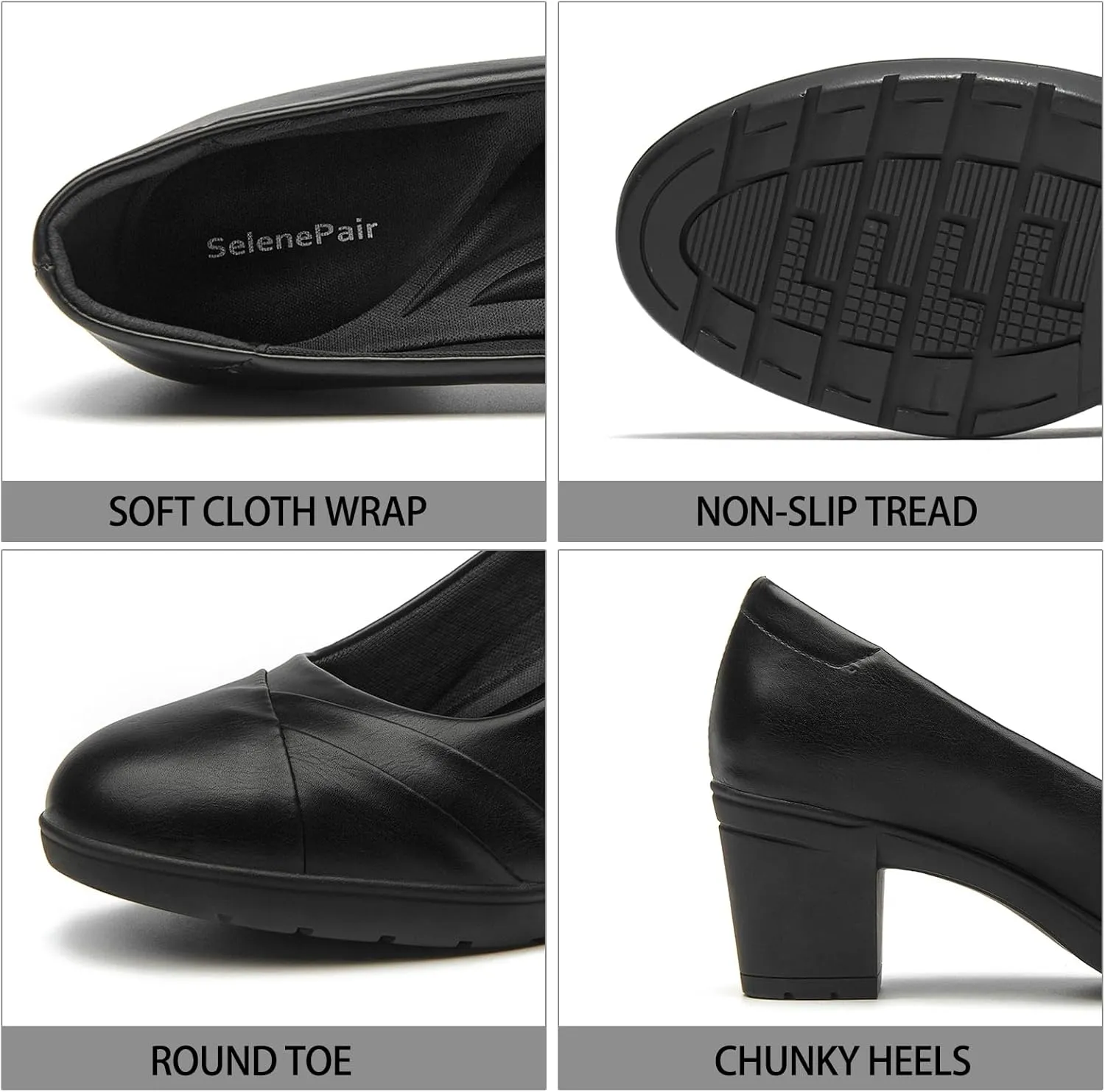 SelenePair Women's Chunky Low Block Heels Work Pumps Ladies Closed Round Toe Slip On Dress Wedding Shoe