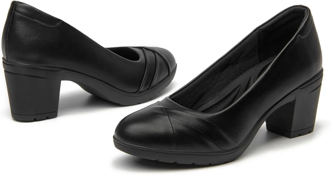 SelenePair Women's Chunky Low Block Heels Work Pumps Ladies Closed Round Toe Slip On Dress Wedding Shoe