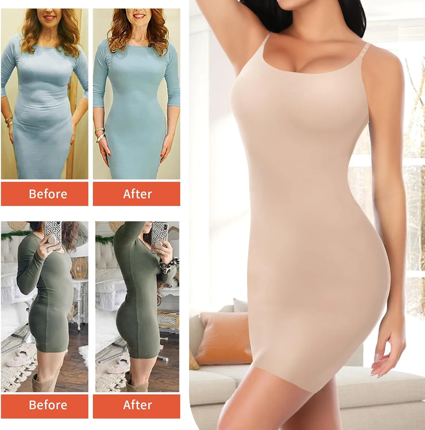 Shapewear Slips for Under Dresses, Full Slip Dress for Women Tummy Control Body Shaper Seamless Shaping Dress
