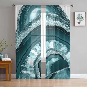 Sheer Curtains 84 Inches Long 2 Panels Set for Living Room, Teal Marble Semi Sheer Curtains for Windows, Vintage Vintage Chic Abstract Texture Voile Window Treatments Rod Pocket Curtain