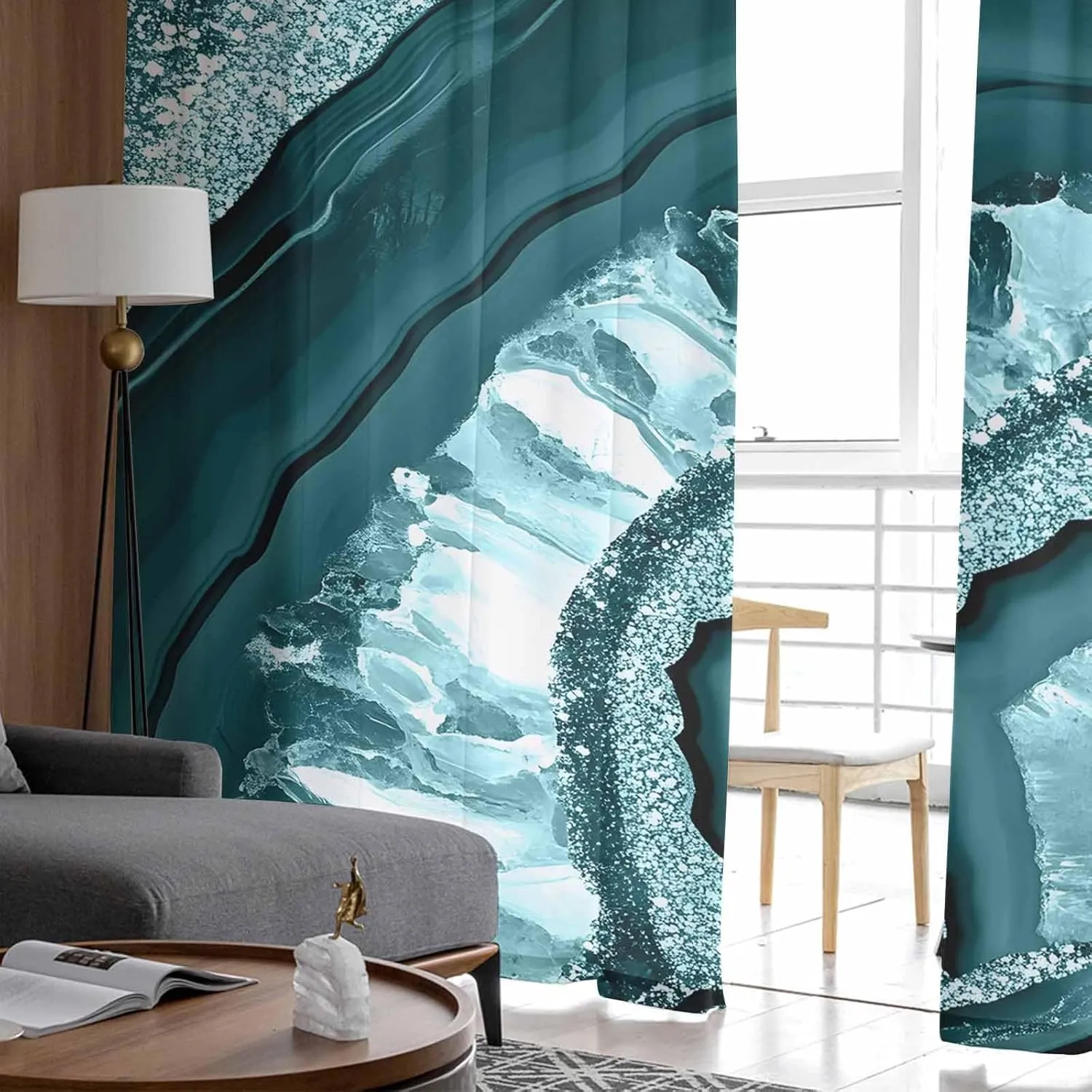 Sheer Curtains 84 Inches Long 2 Panels Set for Living Room, Teal Marble Semi Sheer Curtains for Windows, Vintage Vintage Chic Abstract Texture Voile Window Treatments Rod Pocket Curtain