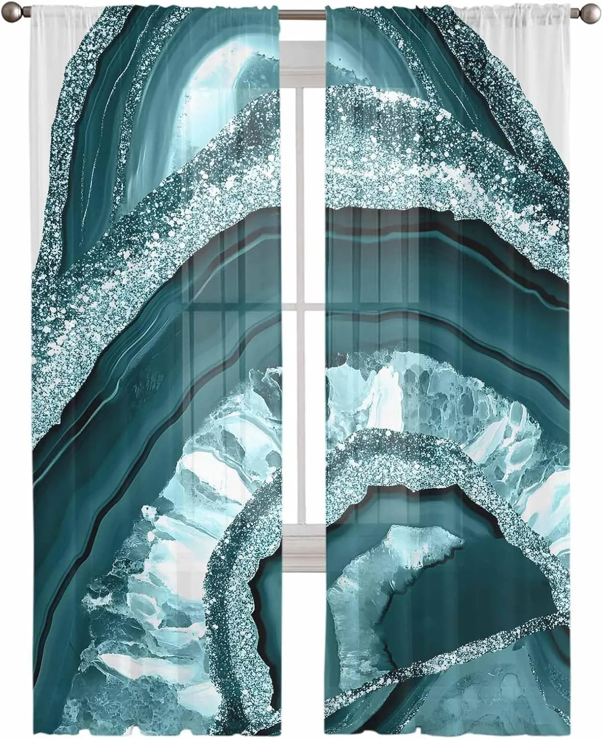 Sheer Curtains 84 Inches Long 2 Panels Set for Living Room, Teal Marble Semi Sheer Curtains for Windows, Vintage Vintage Chic Abstract Texture Voile Window Treatments Rod Pocket Curtain