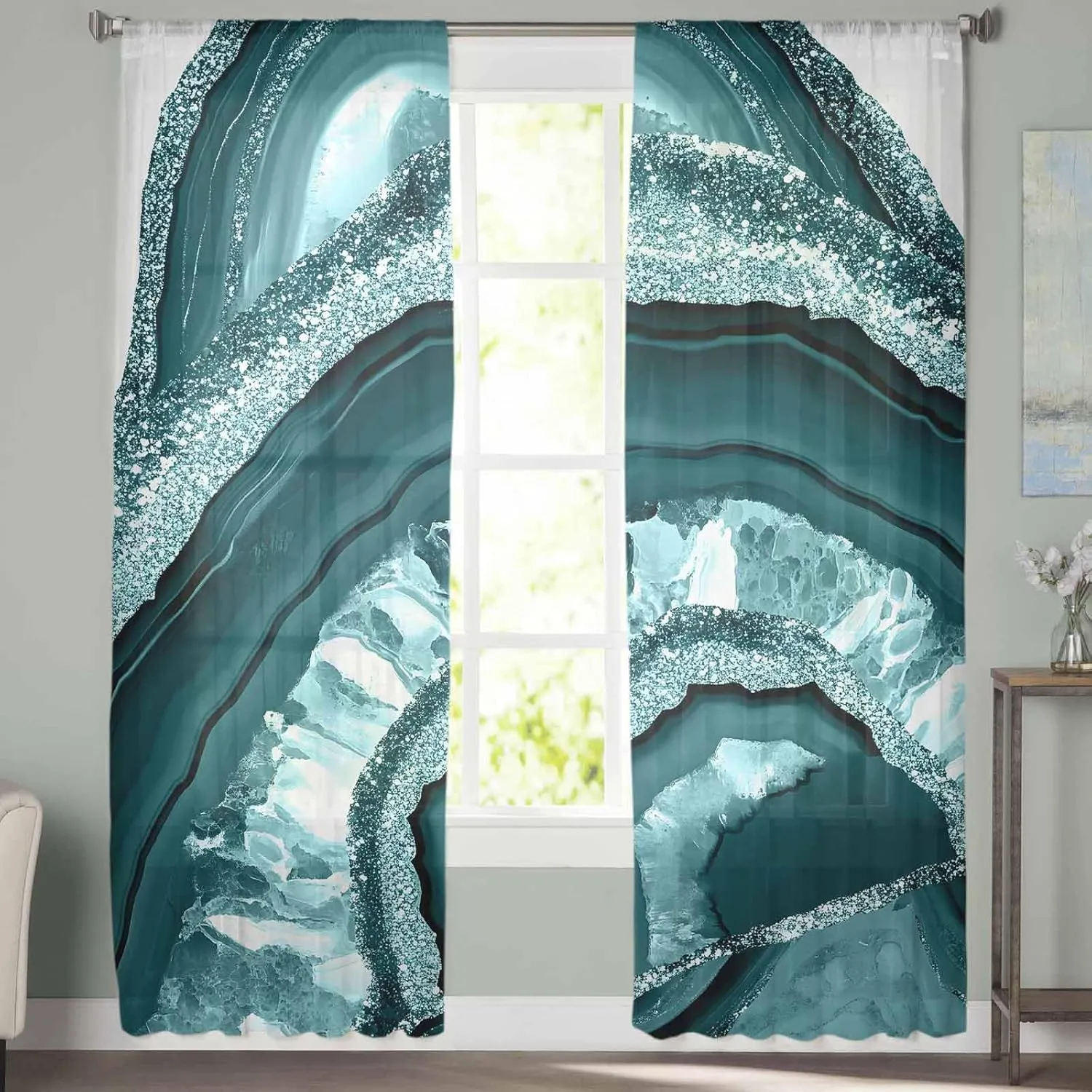 Sheer Curtains 84 Inches Long 2 Panels Set for Living Room, Teal Marble Semi Sheer Curtains for Windows, Vintage Vintage Chic Abstract Texture Voile Window Treatments Rod Pocket Curtain