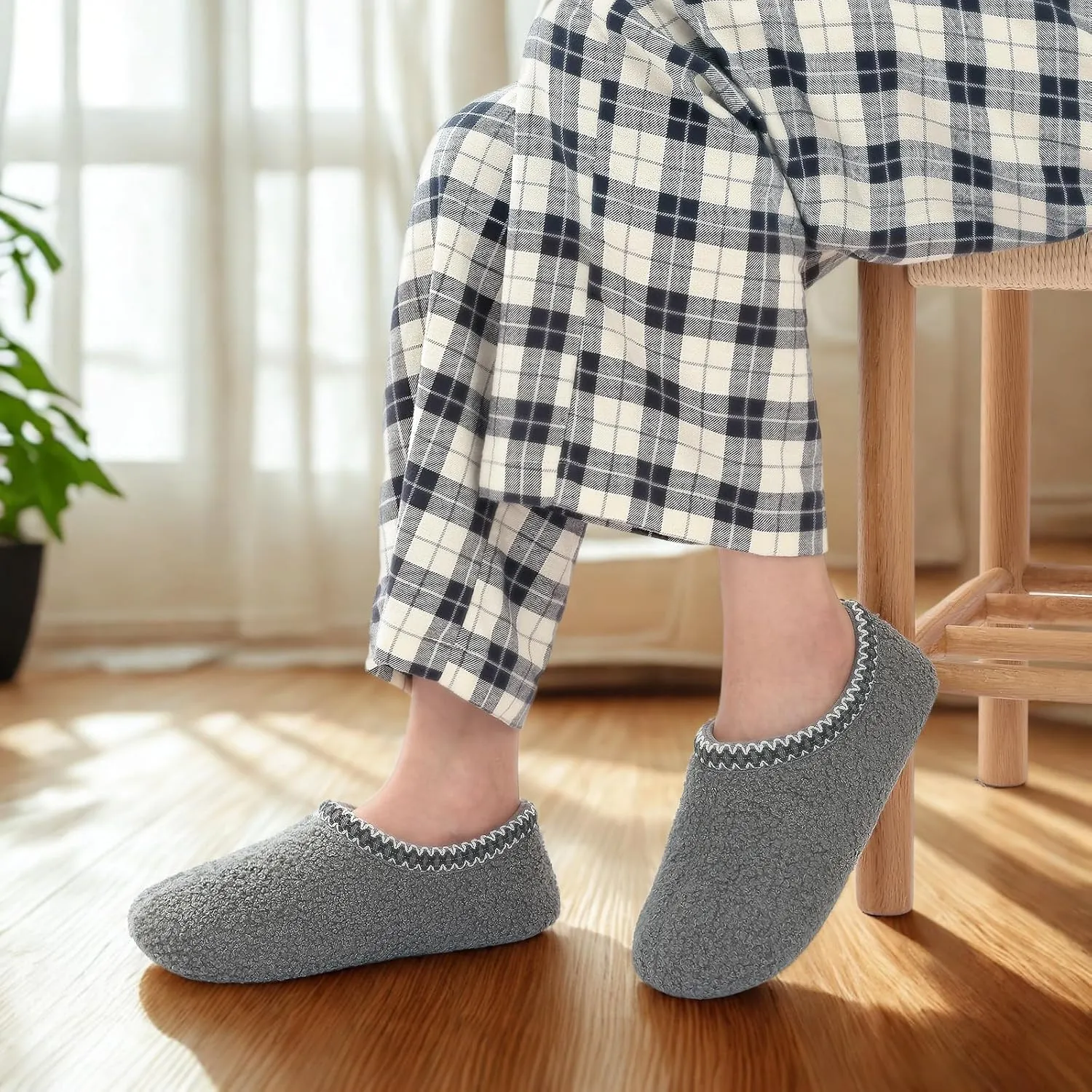 shevalues Women House Memory Foam Slippers Teddy Fleece Bedroom Sock Shoes with Soft Rubber Sole