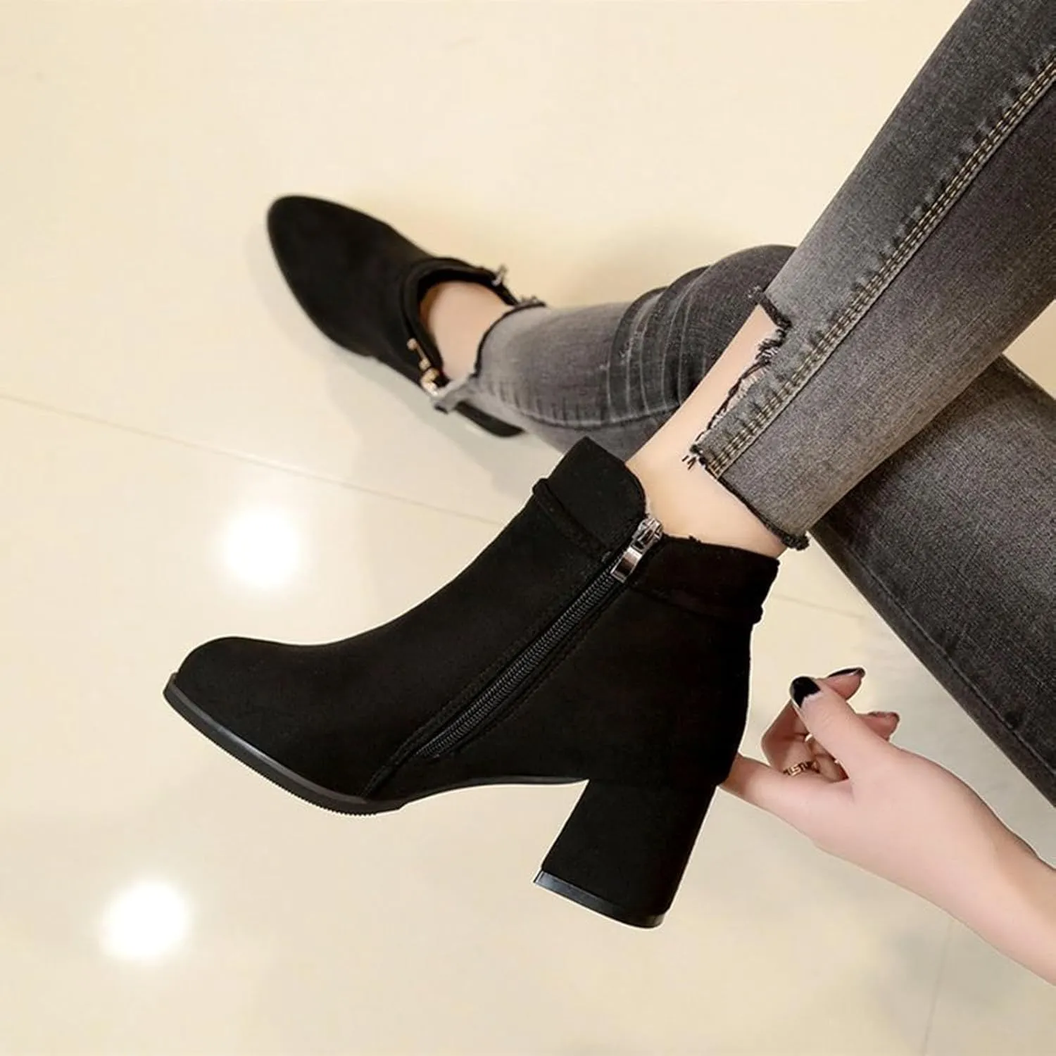 Shoes for Woman Large Size Fringe Back Zipper Short Boots Anti Slip Chunky Heel Snow Boots Classic Outdoor Boots