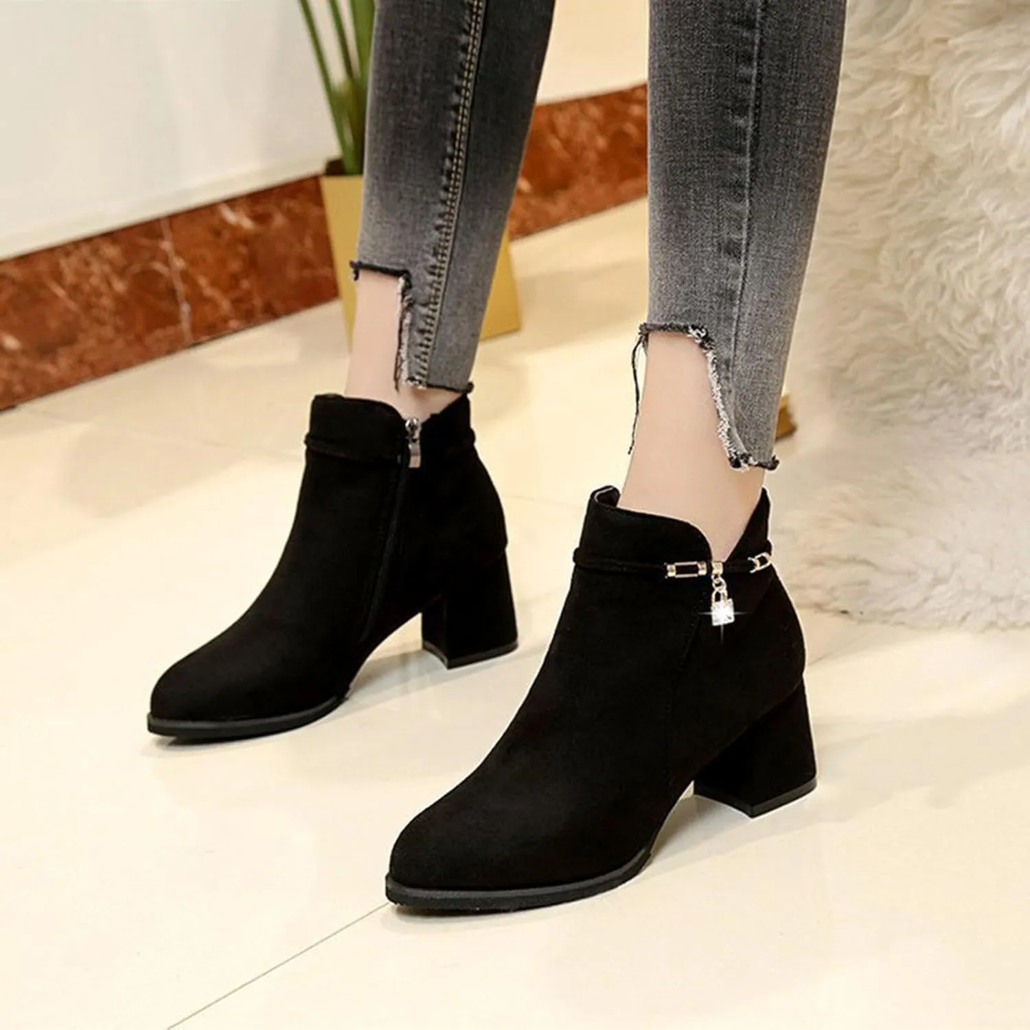 Shoes for Woman Large Size Fringe Back Zipper Short Boots Anti Slip Chunky Heel Snow Boots Classic Outdoor Boots