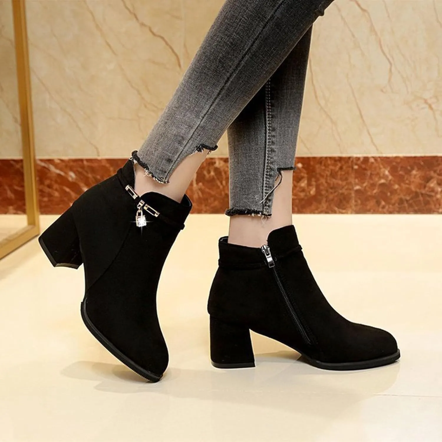 Shoes for Woman Large Size Fringe Back Zipper Short Boots Anti Slip Chunky Heel Snow Boots Classic Outdoor Boots