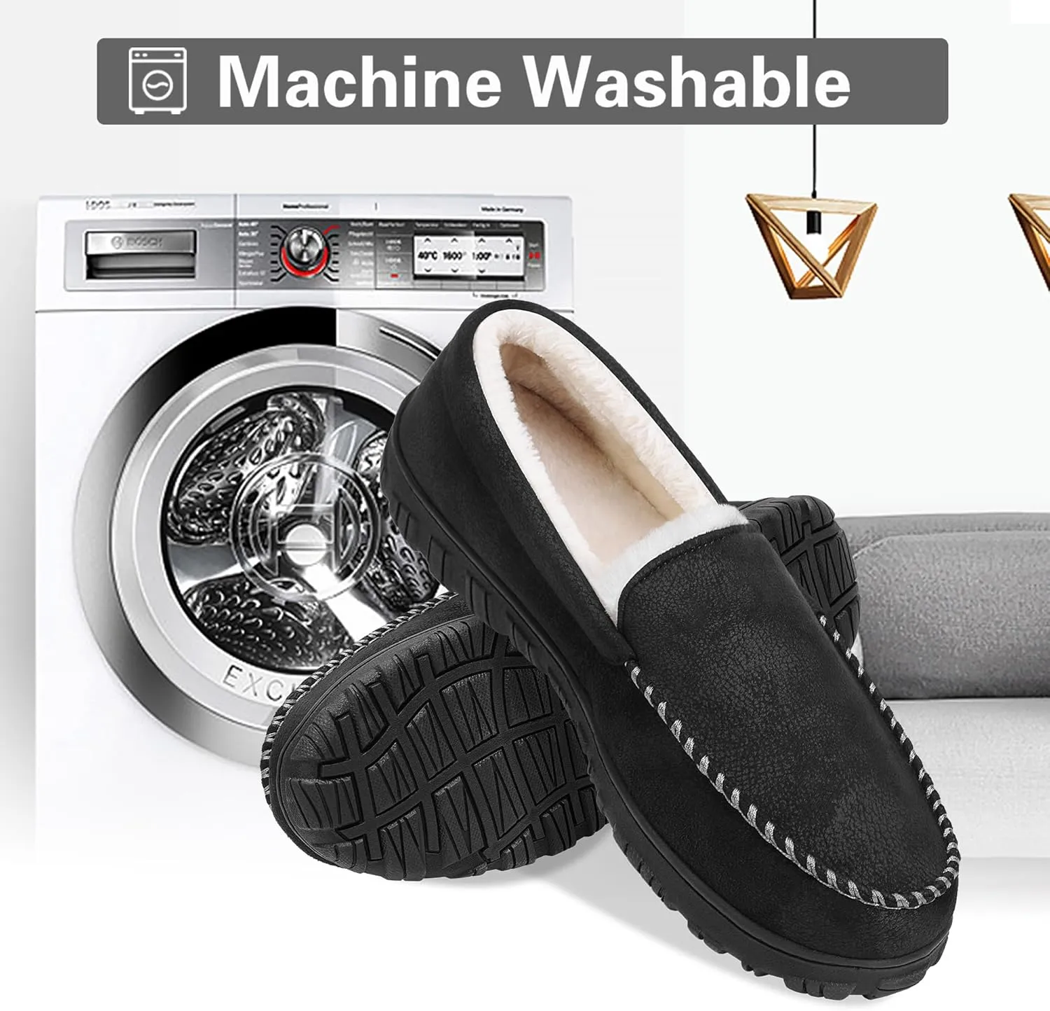 shoeslocker Slippers for Men Soft Plush Memory Foam House Shoes Bedroom Moccasin Slippers Indoor Outdoor