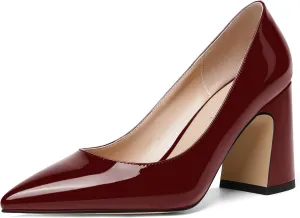 SHOWFOREST Womens Dating Pointed Toe Patent Dress Slip On Chunky High Heel Pumps Shoes 3.3 Inch