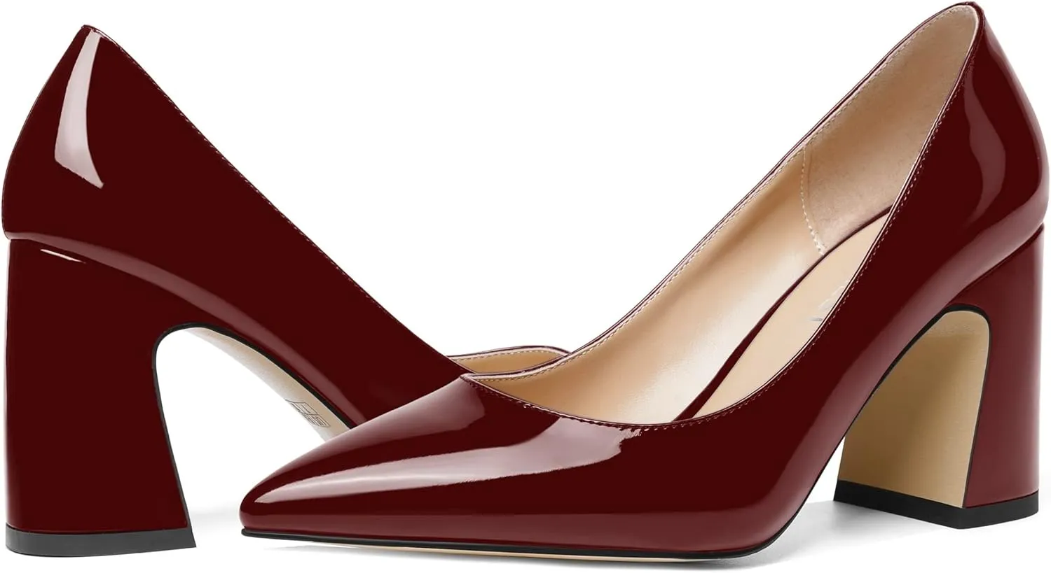 SHOWFOREST Womens Dating Pointed Toe Patent Dress Slip On Chunky High Heel Pumps Shoes 3.3 Inch