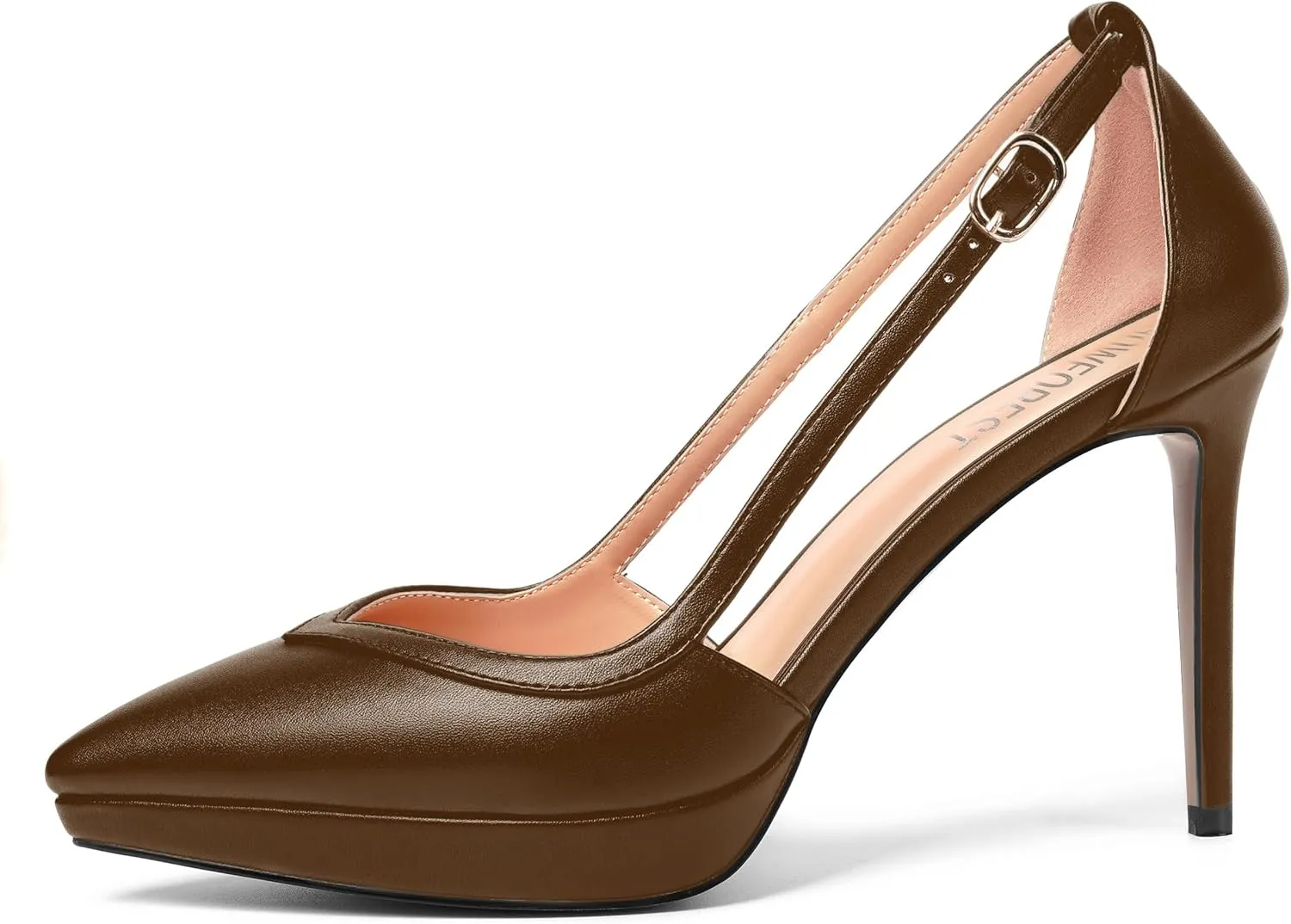 SHOWFOREST Womens Slip On Adjustable Strap Office Platform Solid Fashion Matte Pointed Toe Stiletto High Heel Pumps Shoes 4 Inch