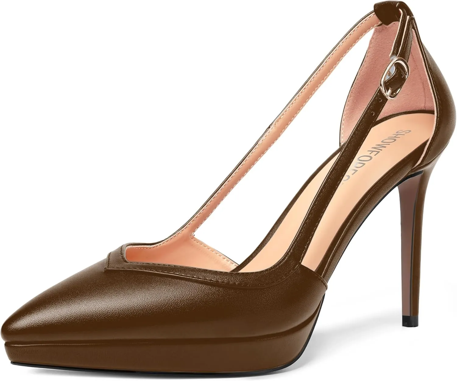 SHOWFOREST Womens Slip On Adjustable Strap Office Platform Solid Fashion Matte Pointed Toe Stiletto High Heel Pumps Shoes 4 Inch
